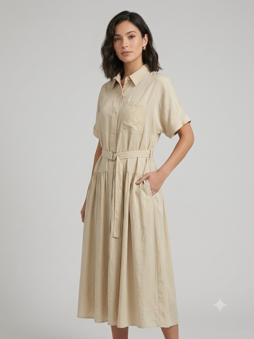 Belted Midi Shirt Dress in Beige